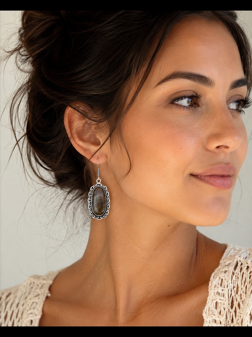 Handmade Thick Silver Plated Seam Agate Dangle Earrings Boho